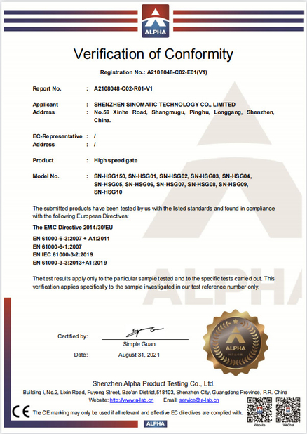 Chine SHENZHEN SINOMATIC TECHNOLOGY CO., LIMITED certifications